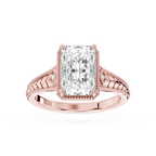 Rose gold radiant cut lab grown diamond vintage engagement ring with intricate filigree shoulders and milgrain detailing