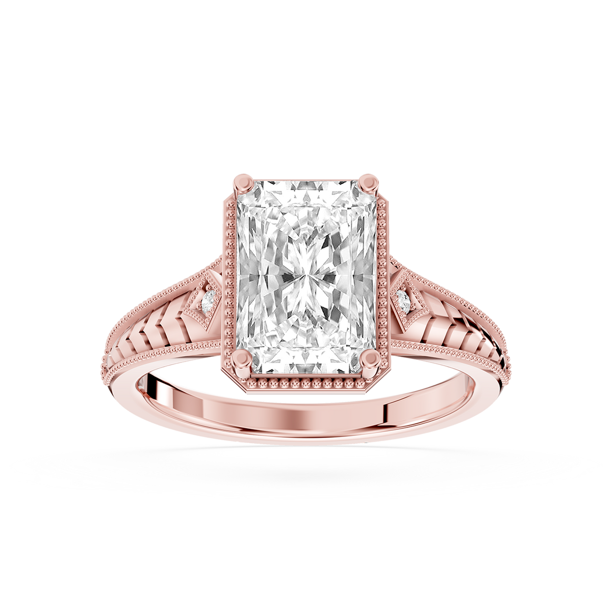 Rose gold radiant cut lab grown diamond vintage engagement ring with intricate filigree shoulders and milgrain detailing