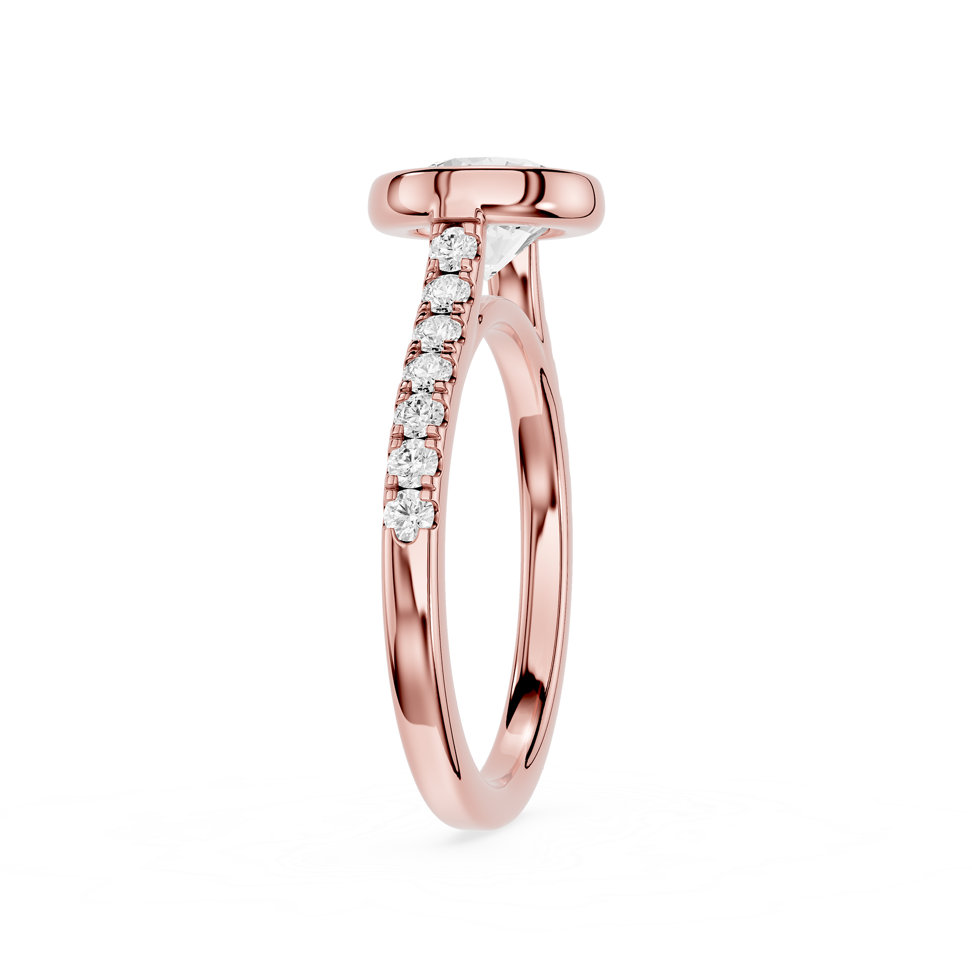 A rose gold diamond ring with a pavé band featuring a row of clear round-cut diamonds and a triangular diamond accent, set against a plain white background.