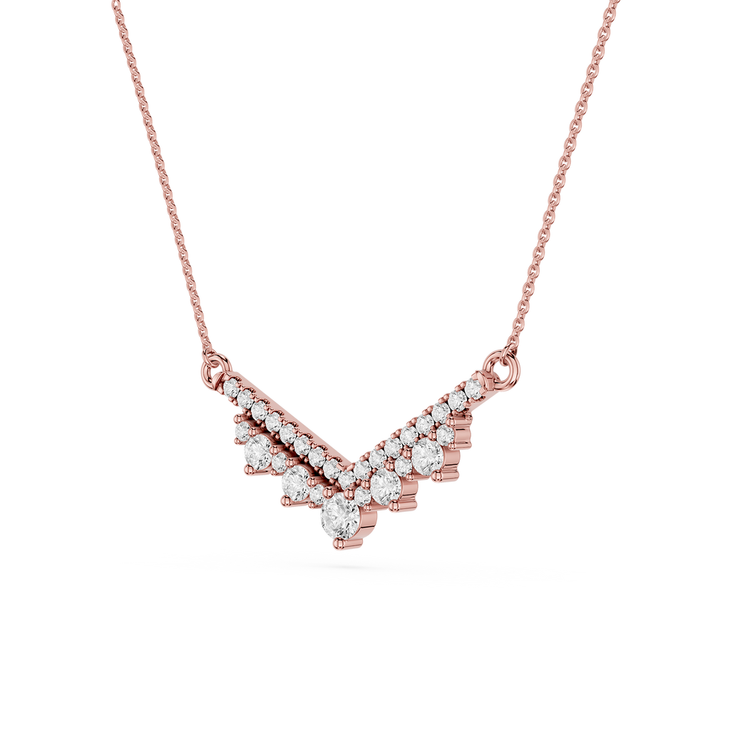 Rose gold necklace with a V-shaped diamond pendant on a white background