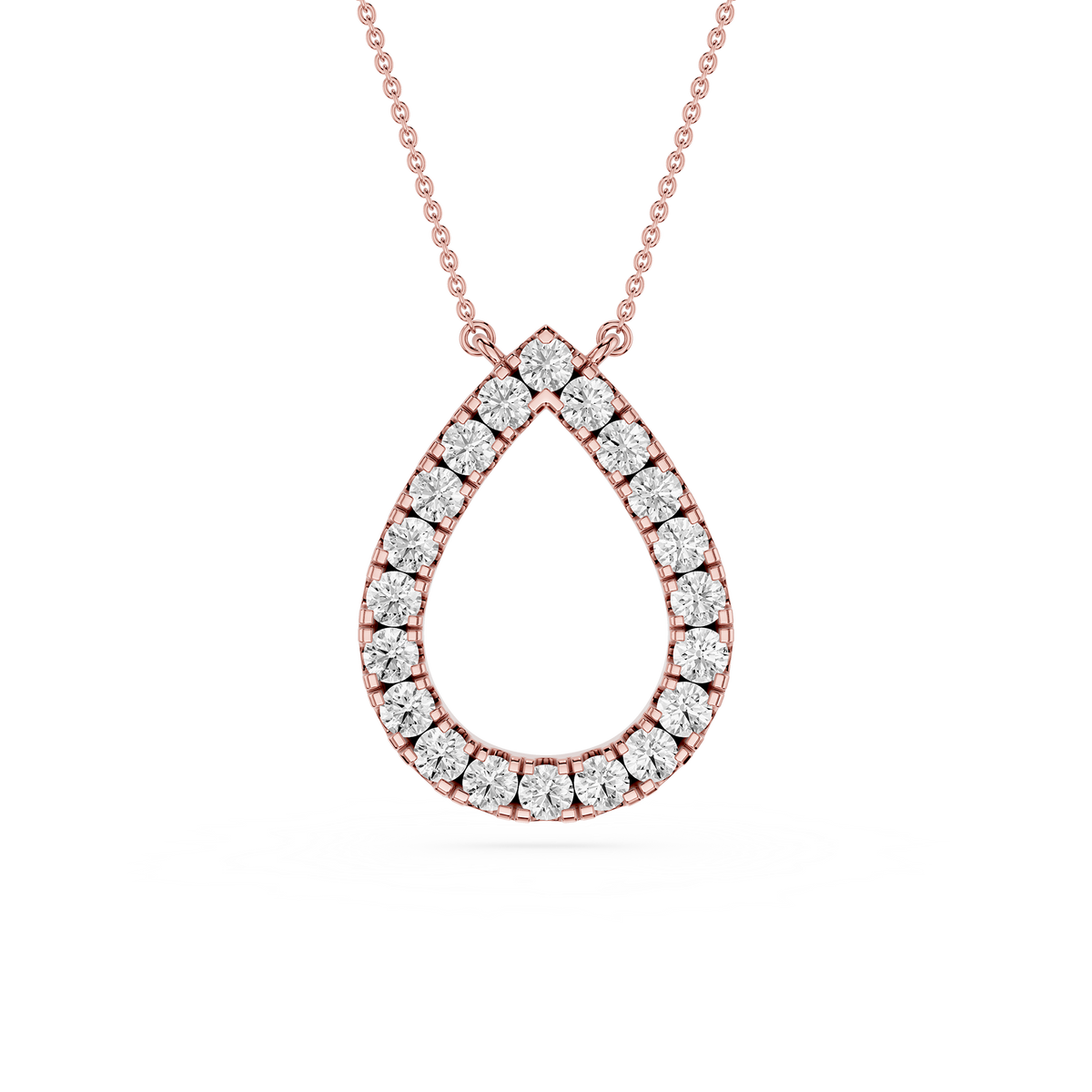Rose gold necklace with a teardrop-shaped diamond pendant on a white background