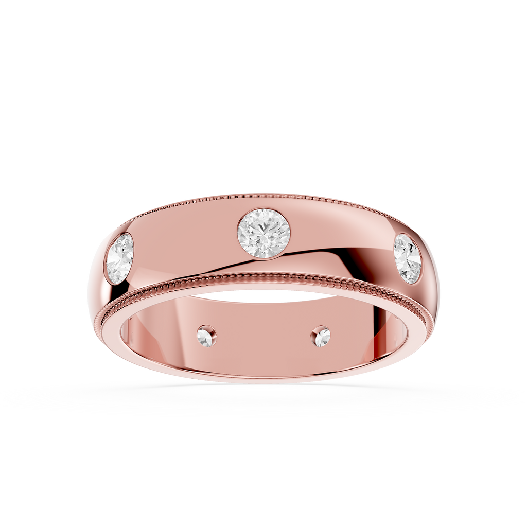 Rose gold ring with embedded diamonds on a white background