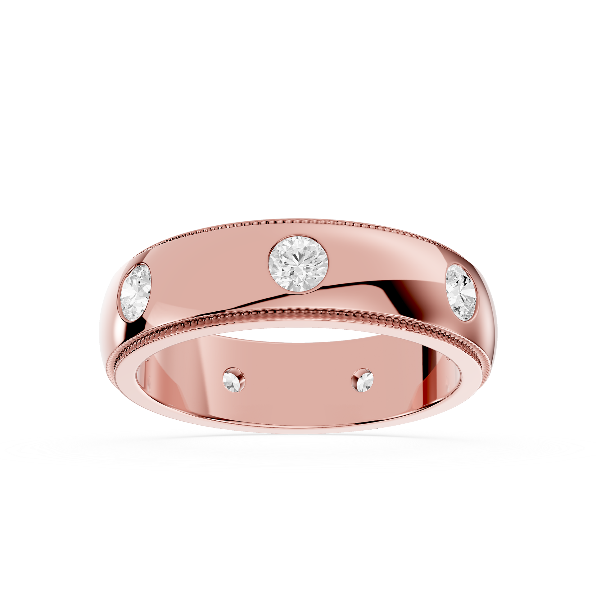 Rose gold ring with embedded diamonds on a white background