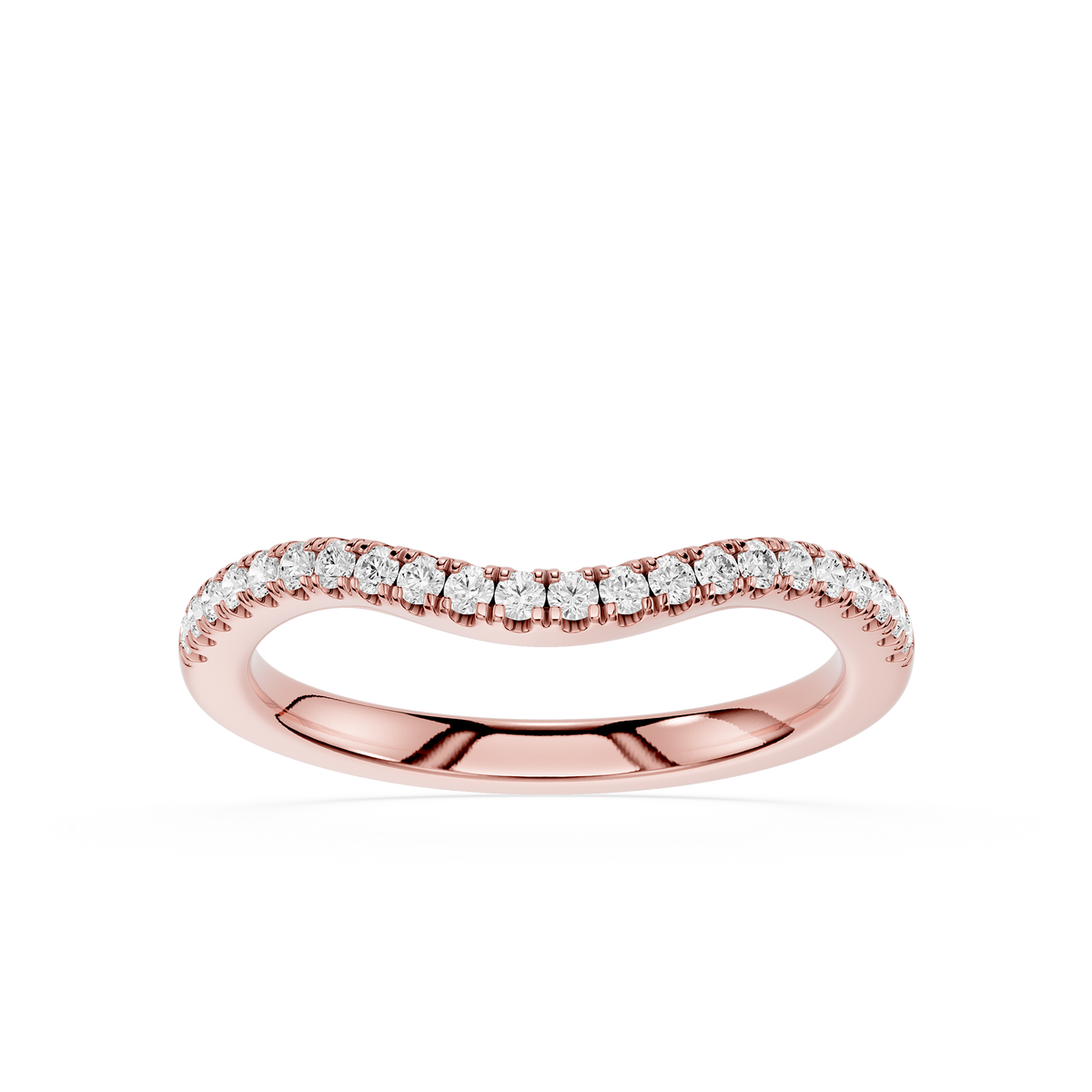 Round Diamond Curved Wedding Band in Rose Gold showcasing pave set round lab grown diamonds along a polished curved band, ideal for nesting and stackable wedding ring styles.