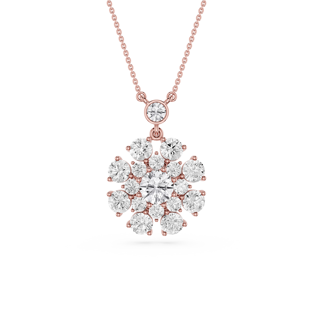 Rose gold necklace with a diamond pendant on a white background