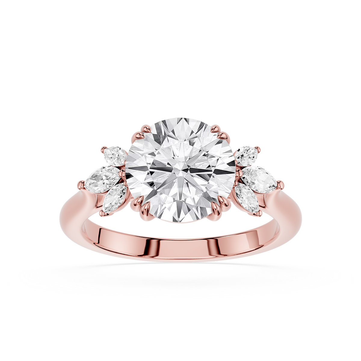 Rose Gold Round Lab Created Diamond Engagement Ring with Marquise Diamond Details. Diamond Bridal Ring, Proposal Jewelry, Certified Diamond Ring, Wedding Jewelry for Women.