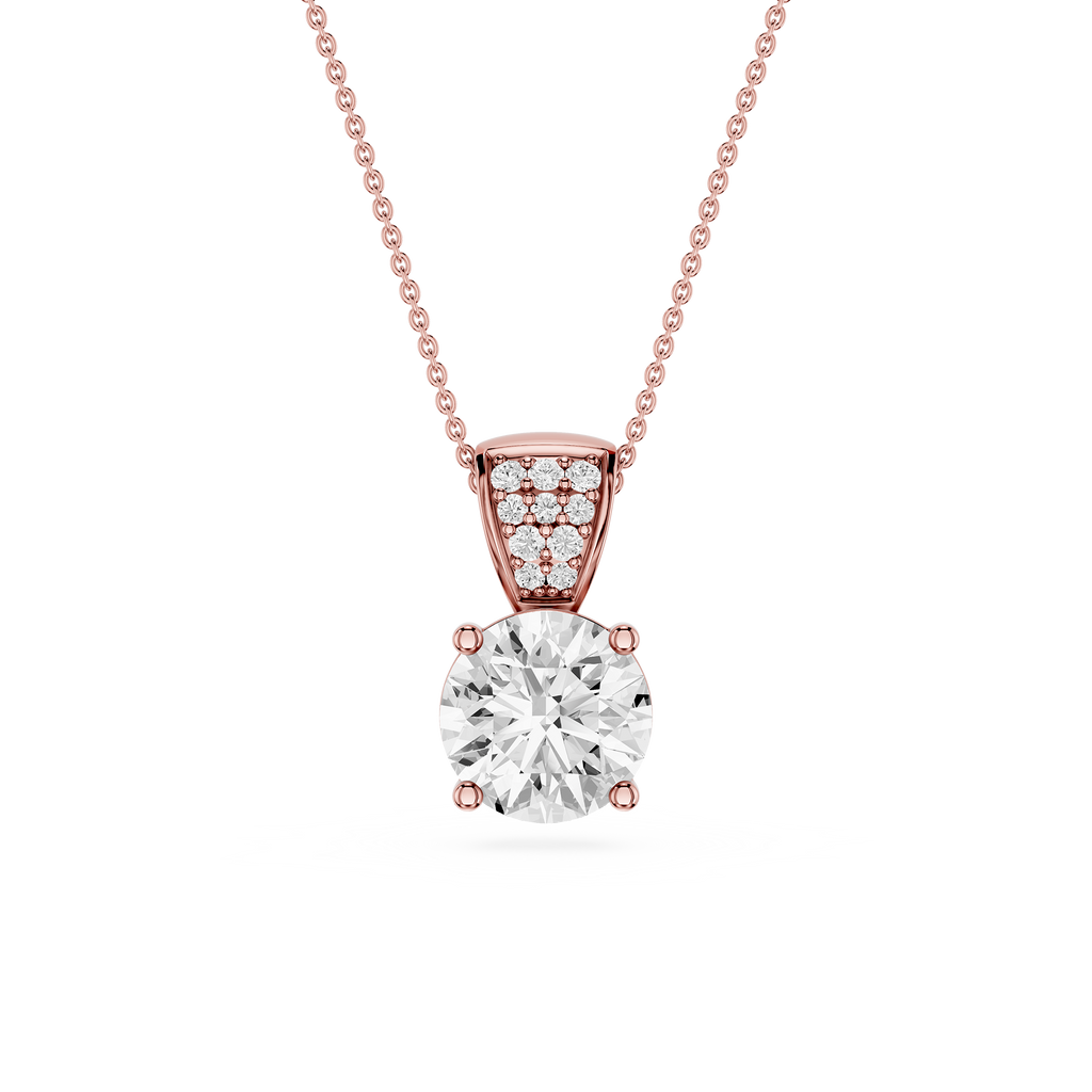 Rose gold diamond necklace on a white background