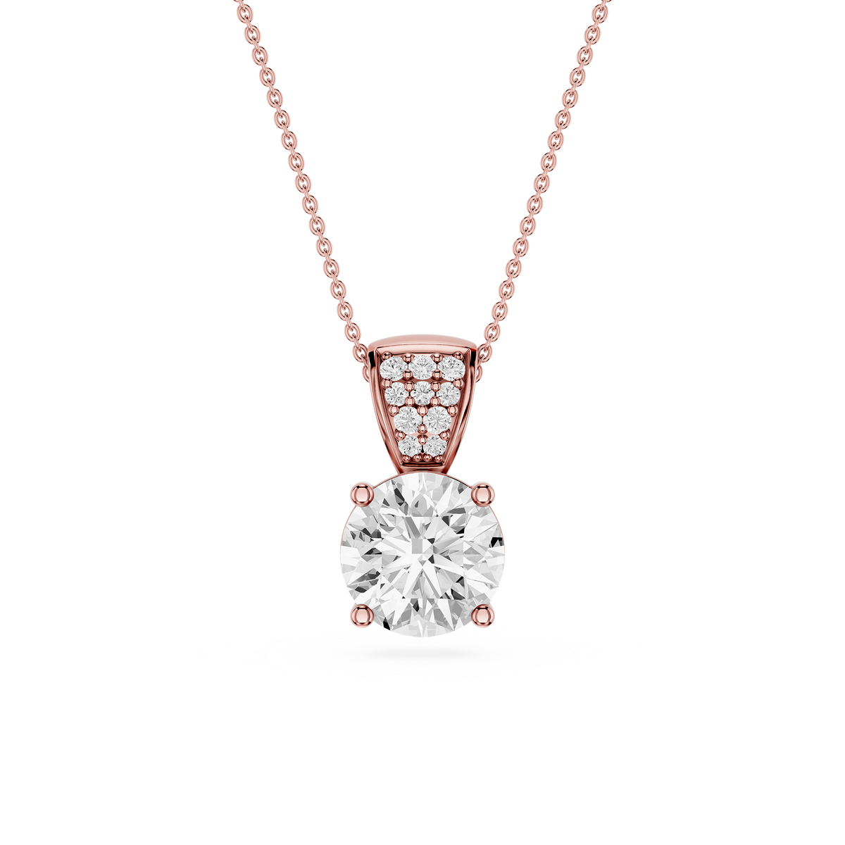 Rose gold diamond necklace on a white background