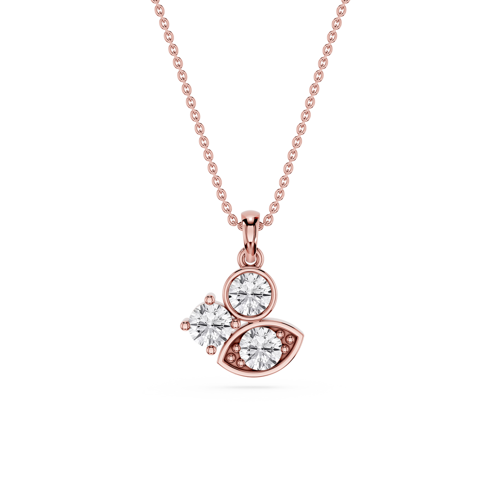 Rose gold necklace with a diamond pendant on a white background
