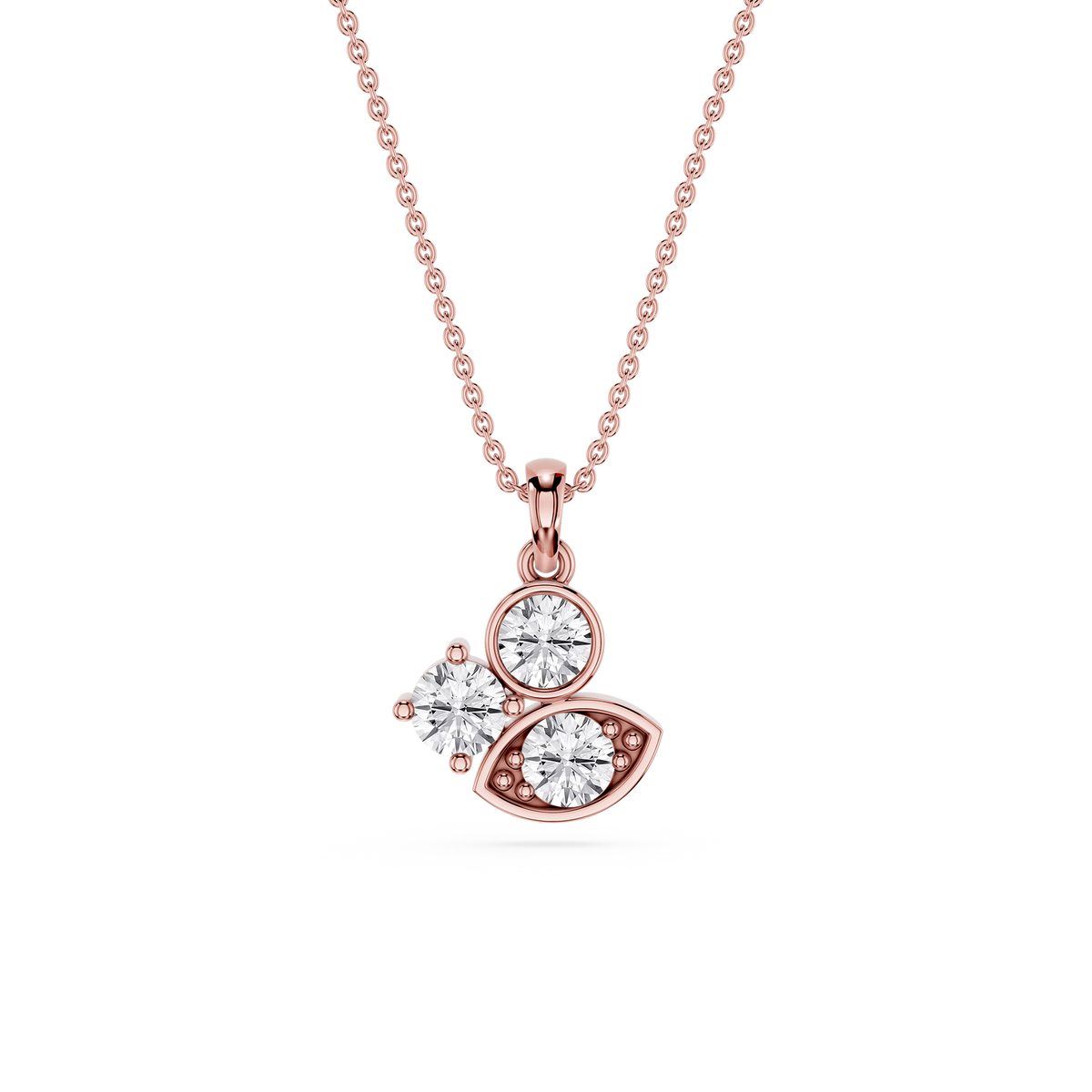 Rose gold necklace with a diamond pendant on a white background