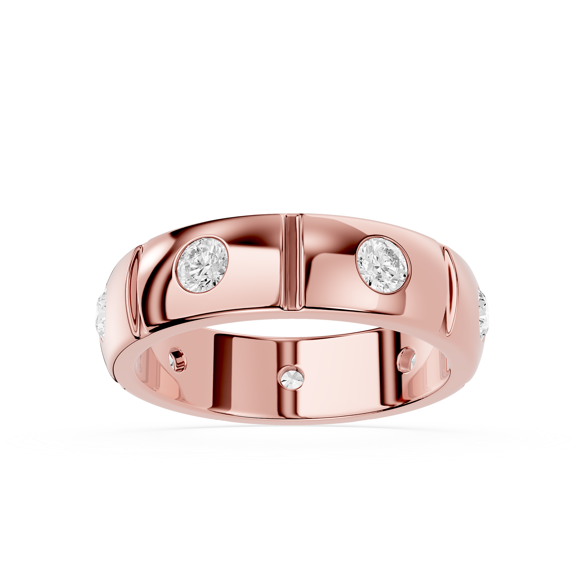 Rose gold ring with diamonds on a white background