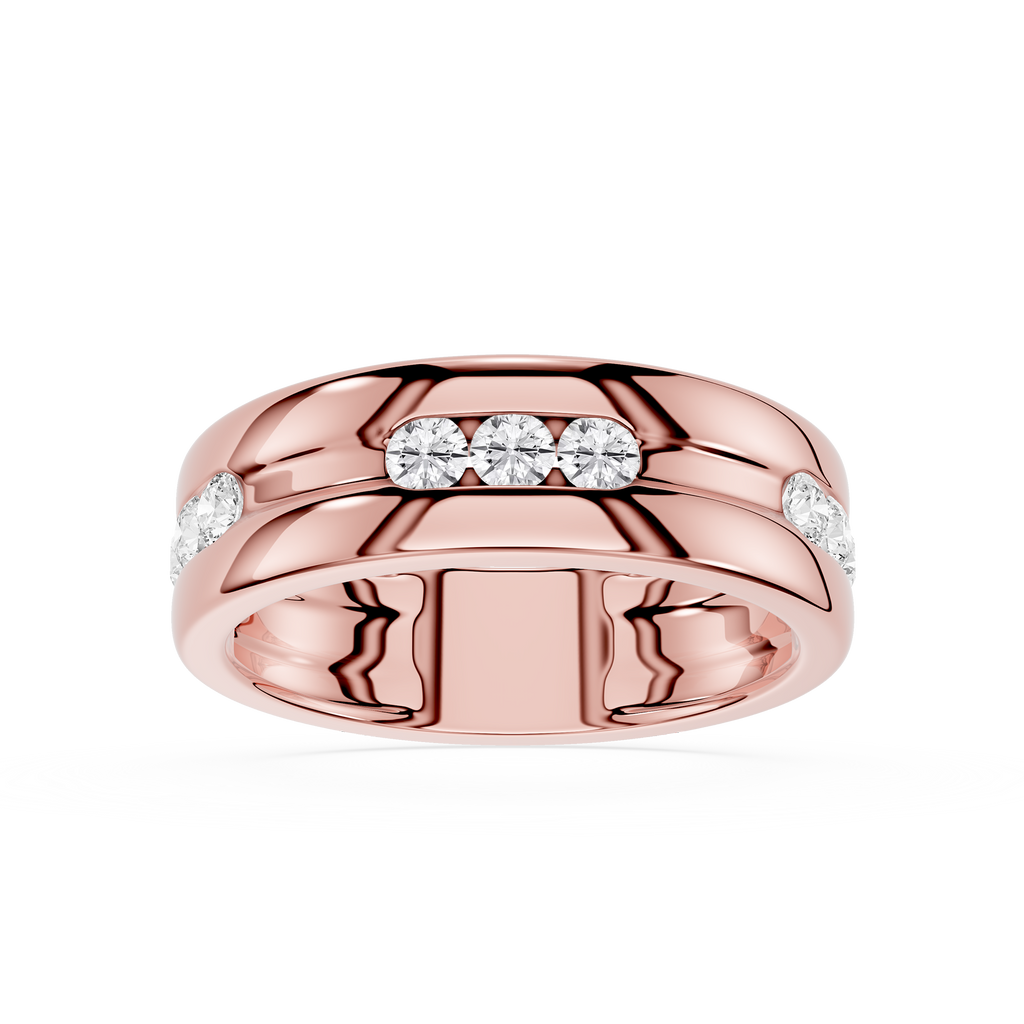 Front View Of Rose Gold Round Cut Lab Grown Diamond Flush Set Men’s Wedding Band