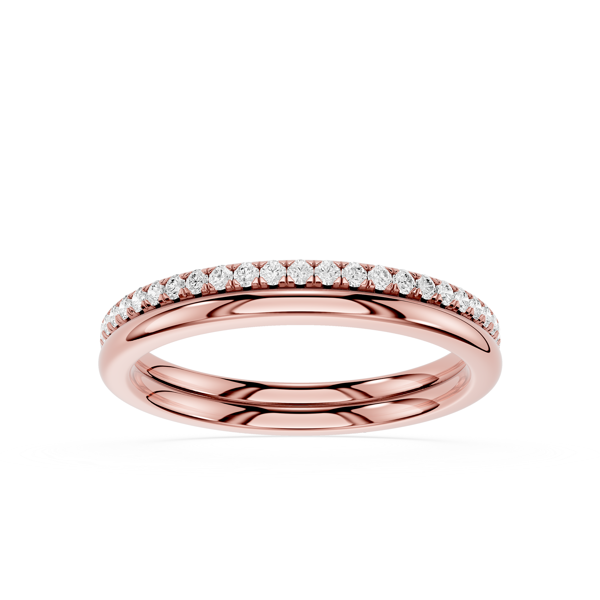 A rose gold eternity band ring featuring a row of small, round-cut clear gemstones set along the top edge, shown on a clean white background.