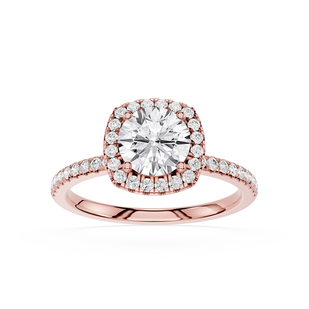 Rose gold ring with a large diamond and smaller diamonds on a white background