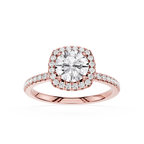 Rose gold ring with a large diamond and smaller diamonds on a white background