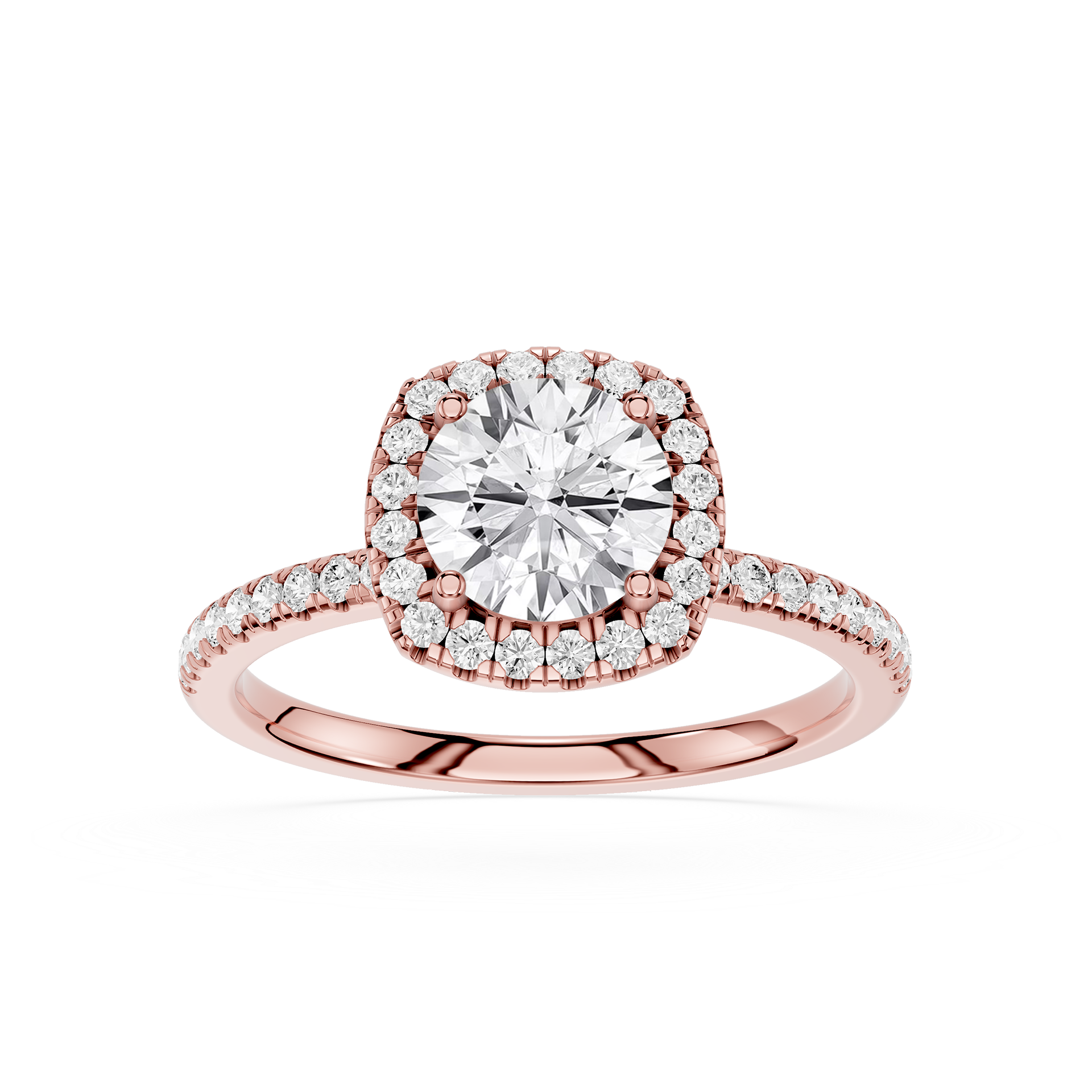 Rose gold ring with a large diamond and smaller diamonds on a white background