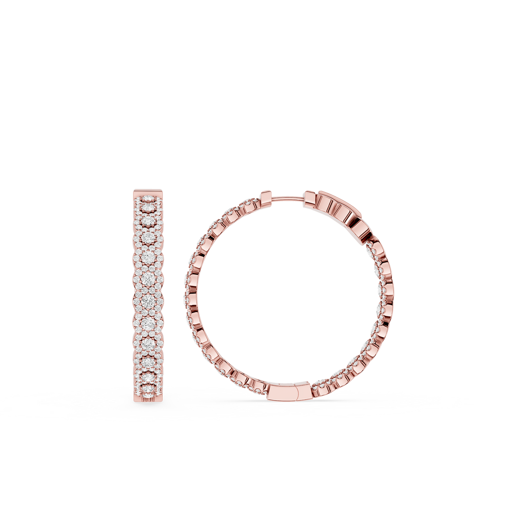 Rose gold hoop earrings with embedded stones on a white background