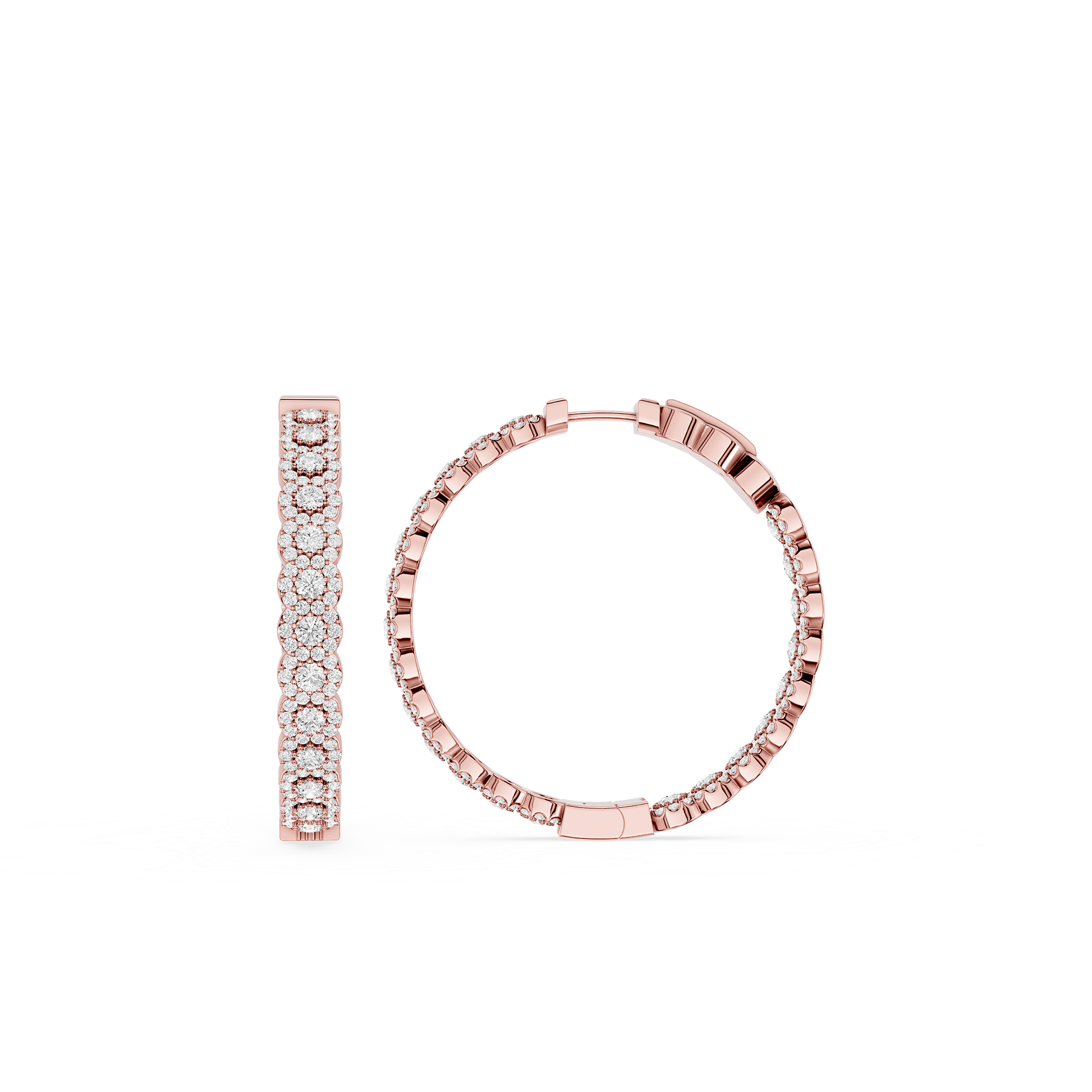 Rose gold hoop earrings with embedded stones on a white background