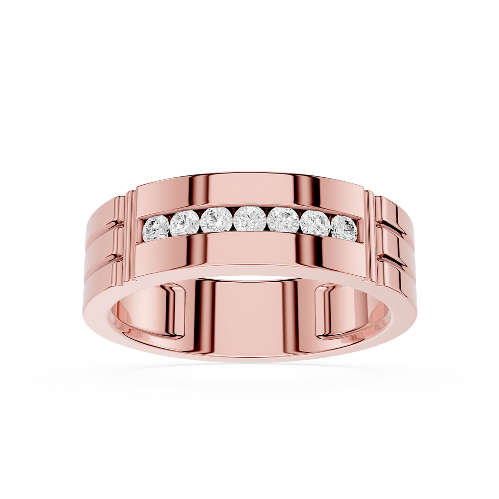 Rose gold ring with embedded diamonds on a white background