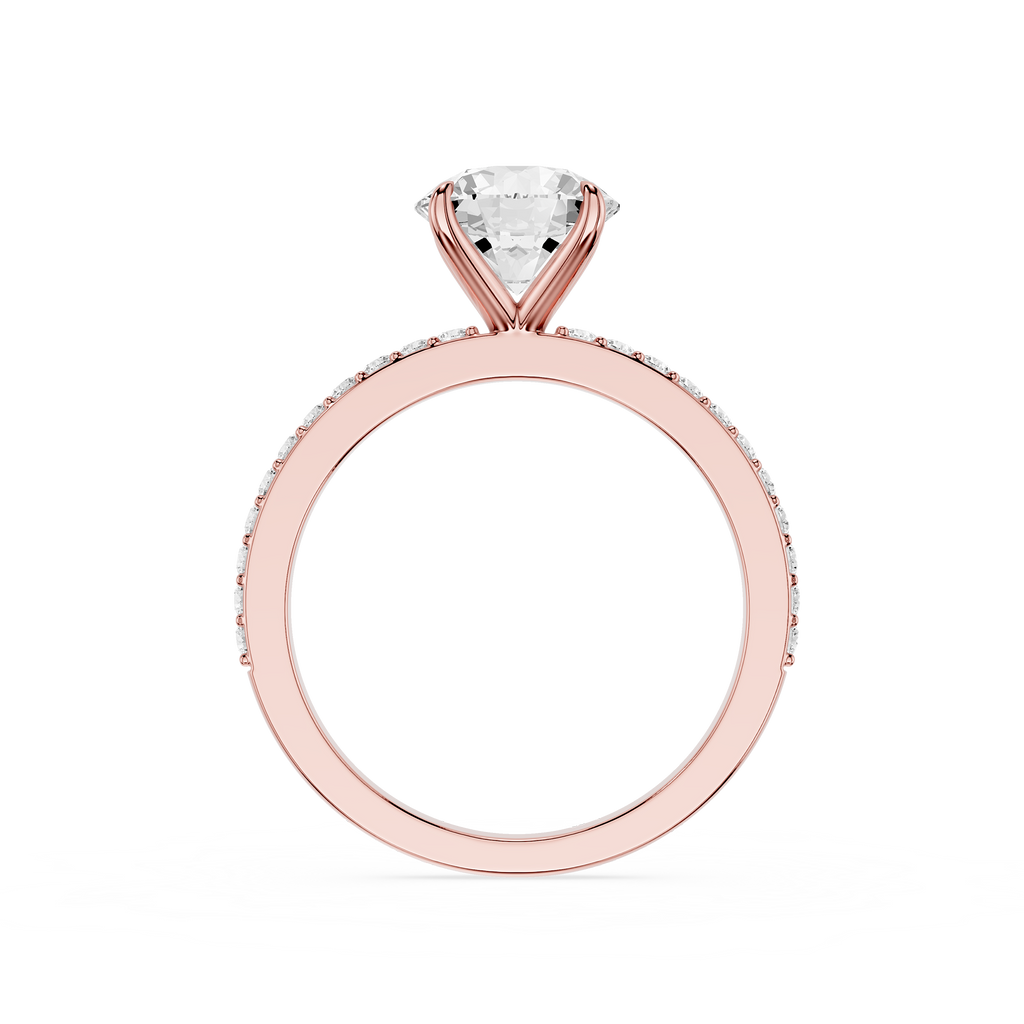 A rose gold solitaire engagement ring featuring a round brilliant-cut diamond center stone and a pavé-set diamond band, shown on a clean white background.