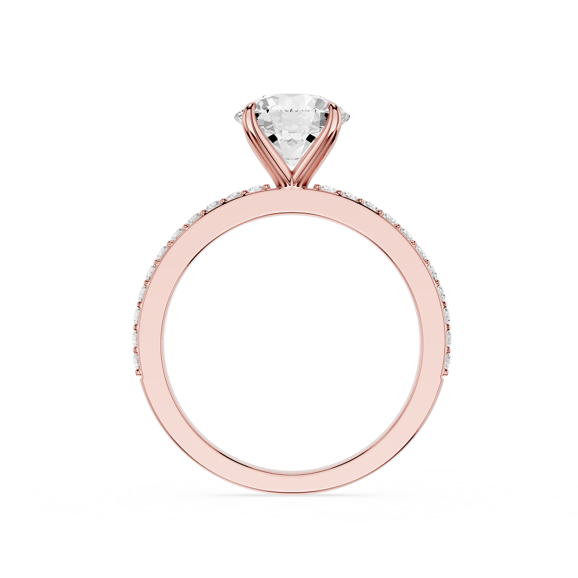 A rose gold solitaire engagement ring featuring a round brilliant-cut diamond center stone and a pavé-set diamond band, shown on a clean white background.