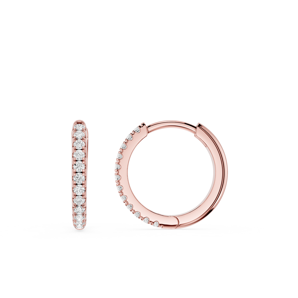 Rose gold hoop earrings with diamond accents on a white background