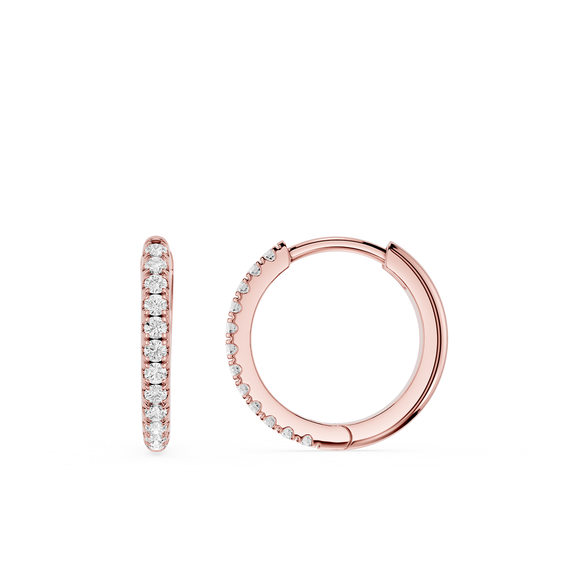 Rose gold hoop earrings with diamond accents on a white background