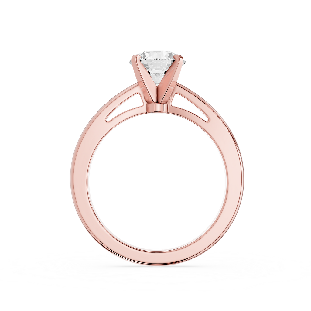 Rose gold ring with a diamond on a white background