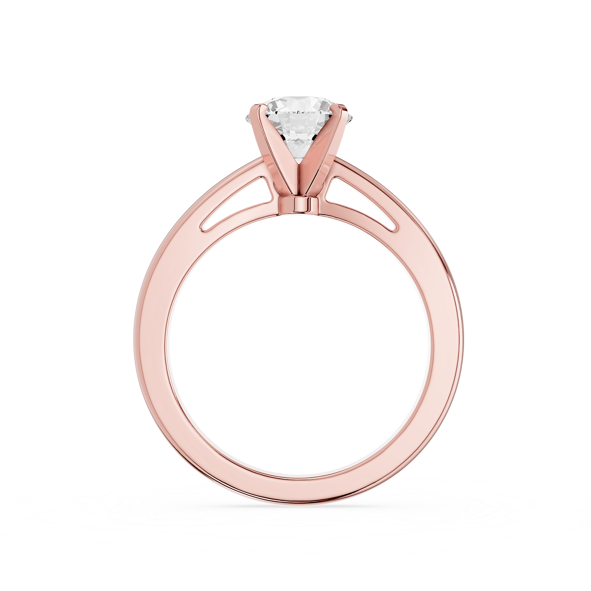 Rose gold ring with a diamond on a white background