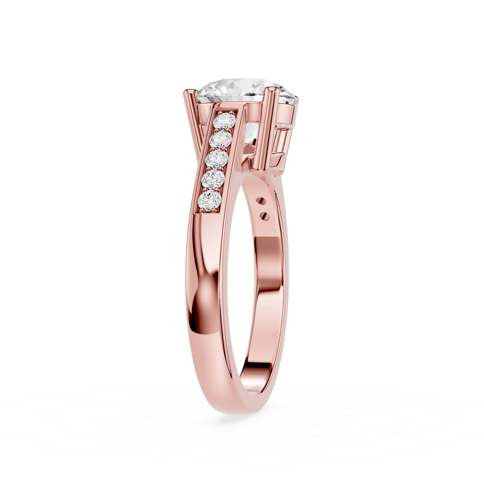 A rose gold engagement ring featuring a round brilliant-cut center stone and a pavé row of small round stones on the shank, shown on a clean white background.