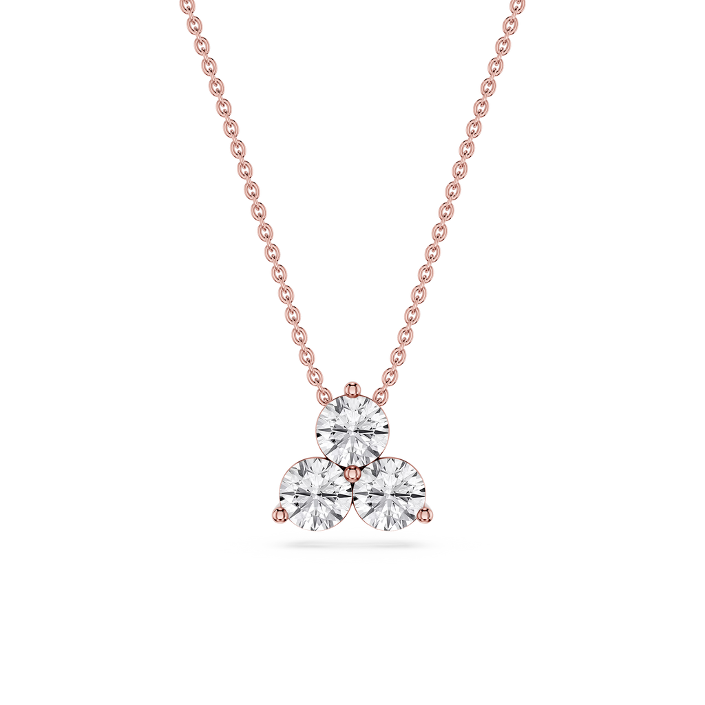Rose gold necklace with a three-heart-shaped diamond pendant on a white background