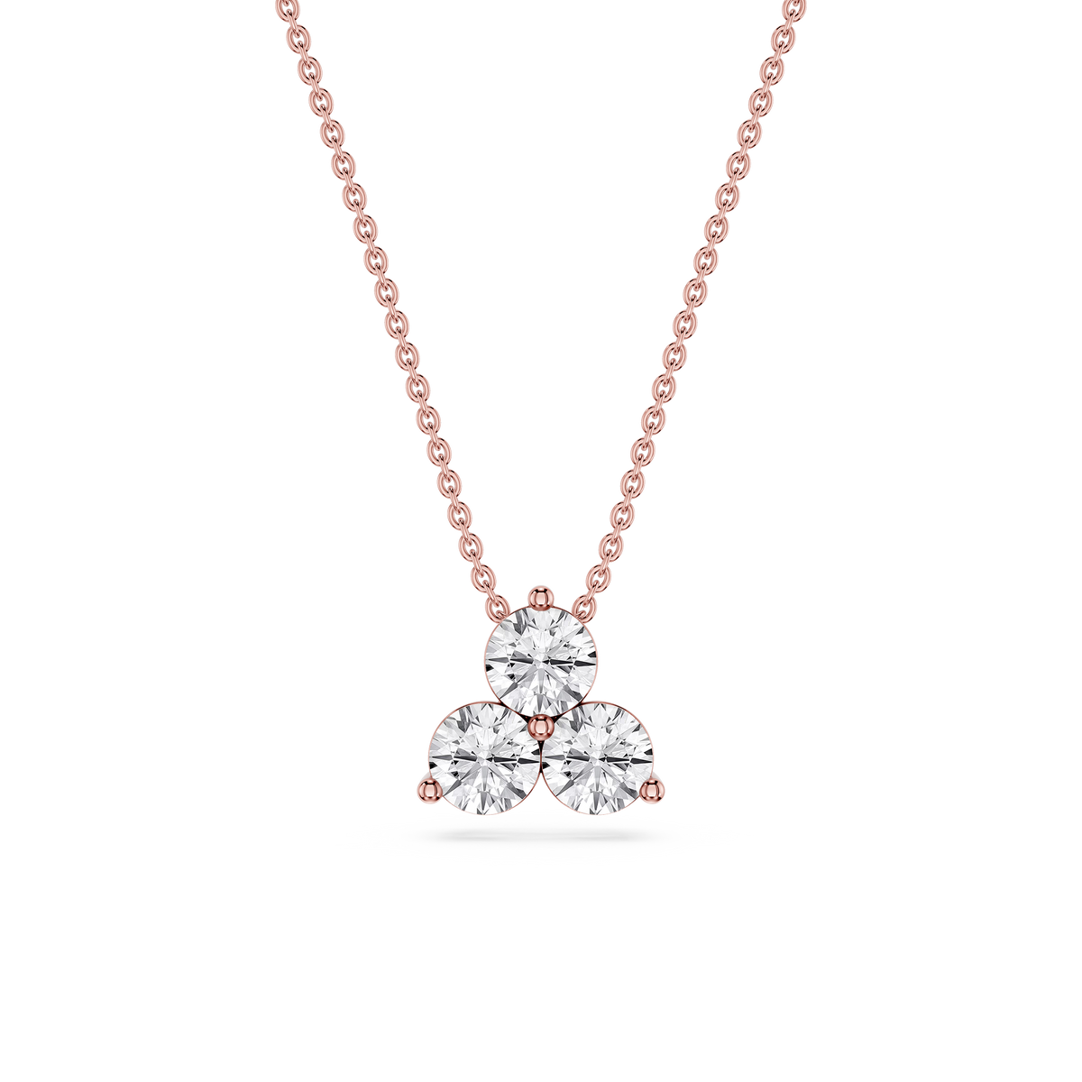 Rose gold necklace with a three-heart-shaped diamond pendant on a white background