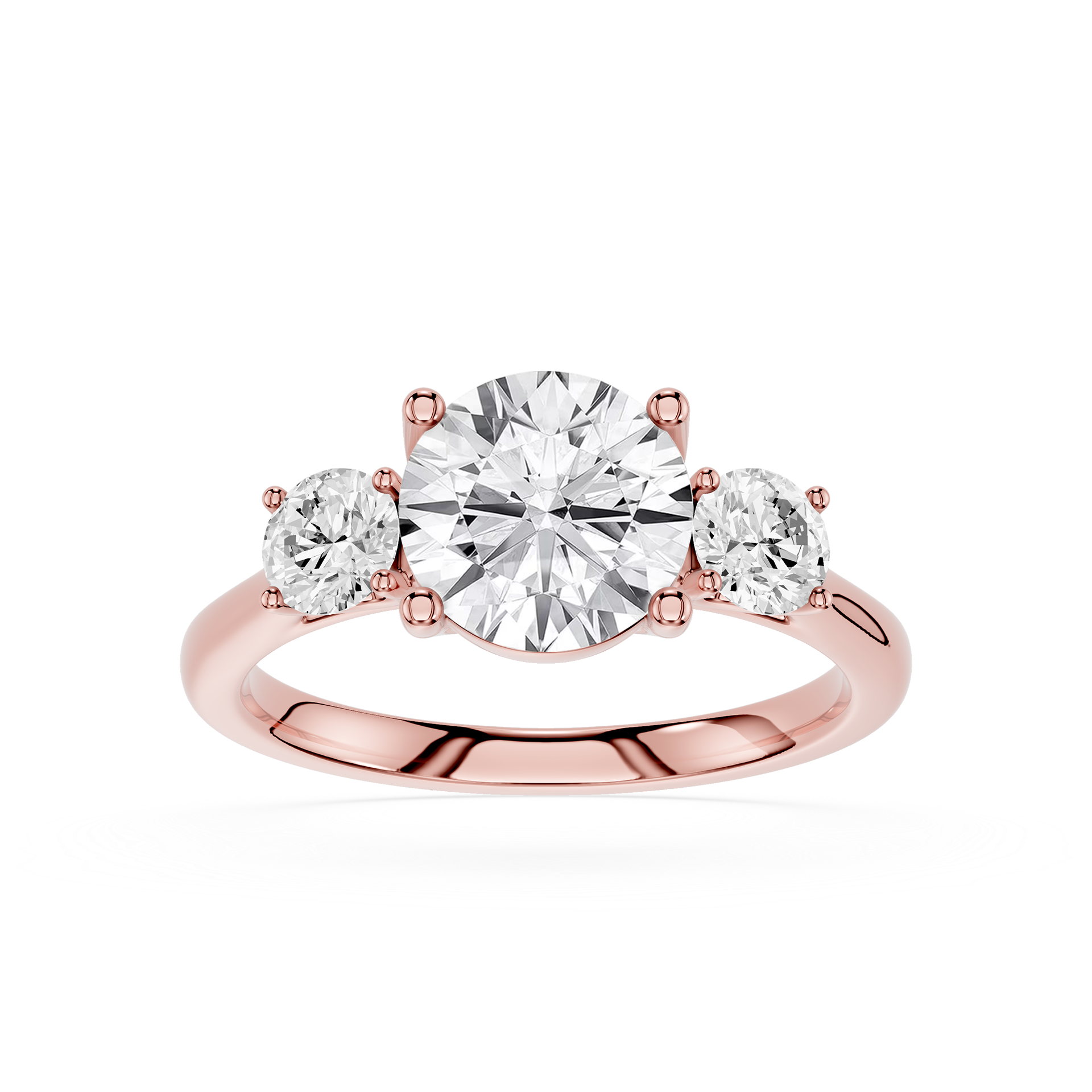 Rose gold ring with three diamonds on a white background