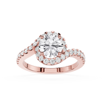Rose gold ring with a large diamond and smaller diamonds on a white background