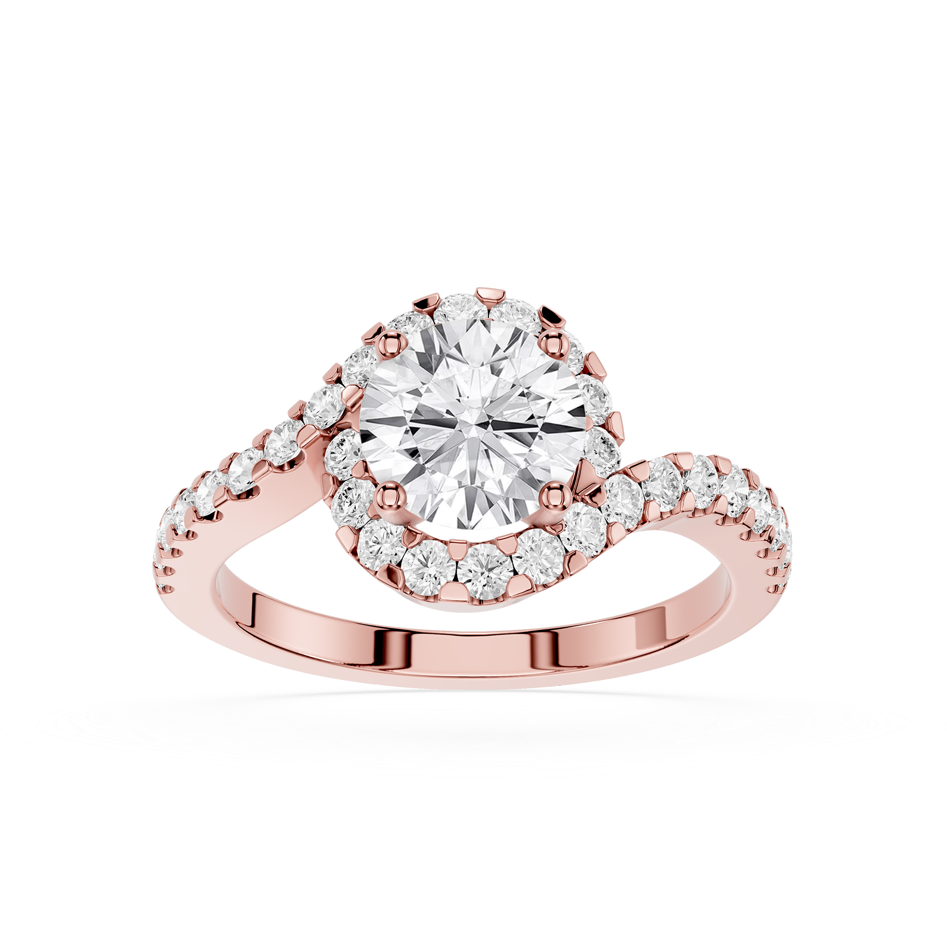 Rose gold ring with a large diamond and smaller diamonds on a white background