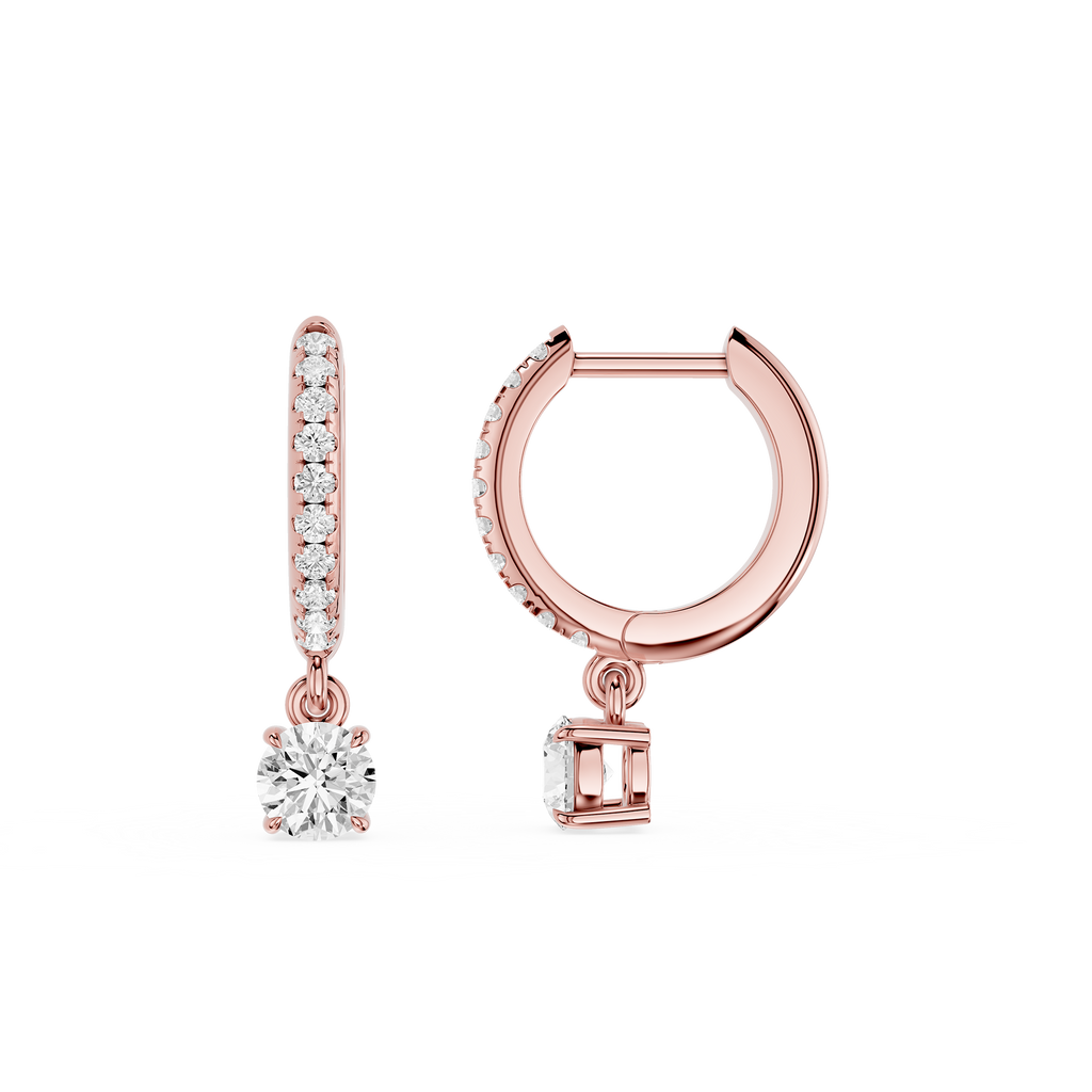 Rose gold hoop earrings with diamond accents on a white background
