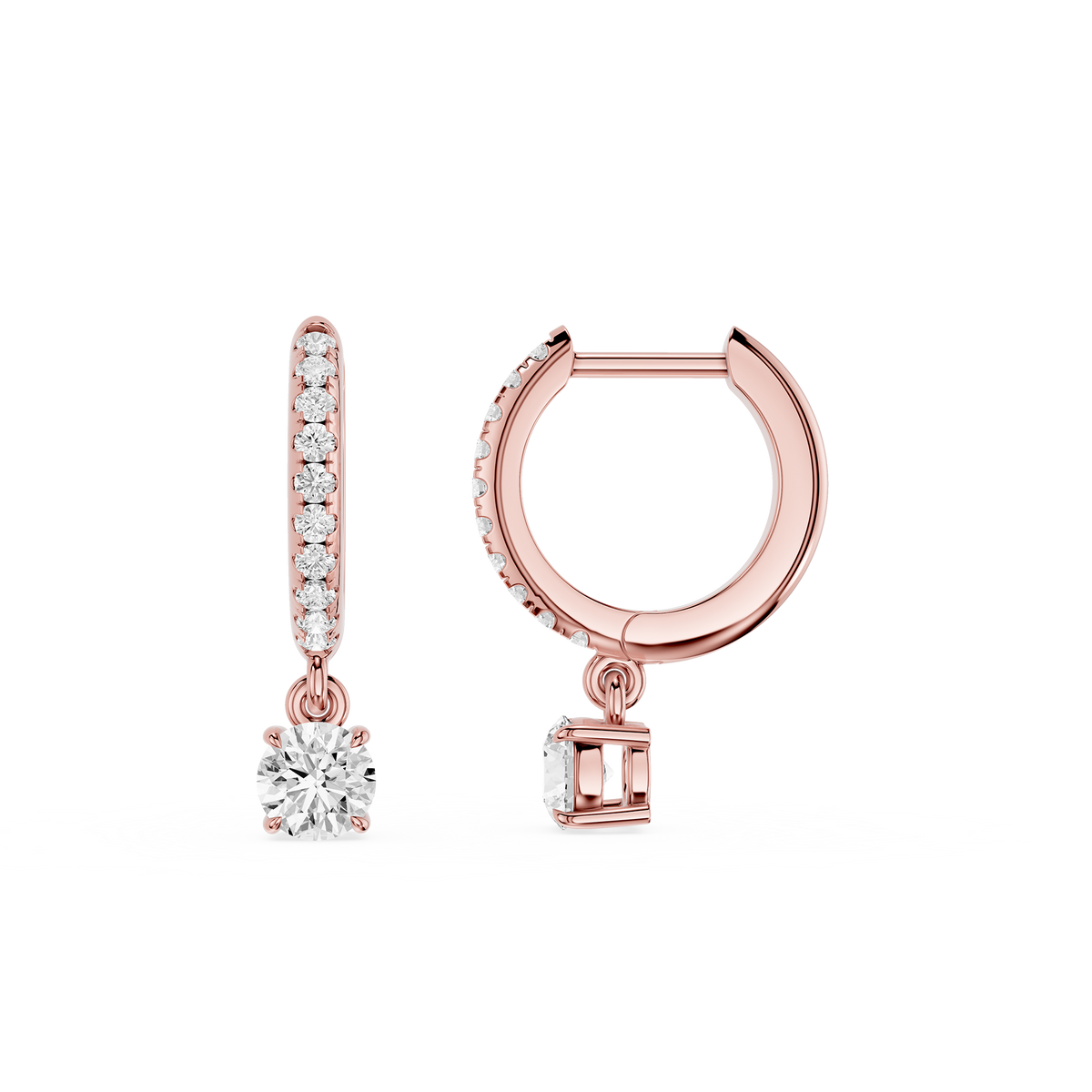 Rose gold hoop earrings with diamond accents on a white background