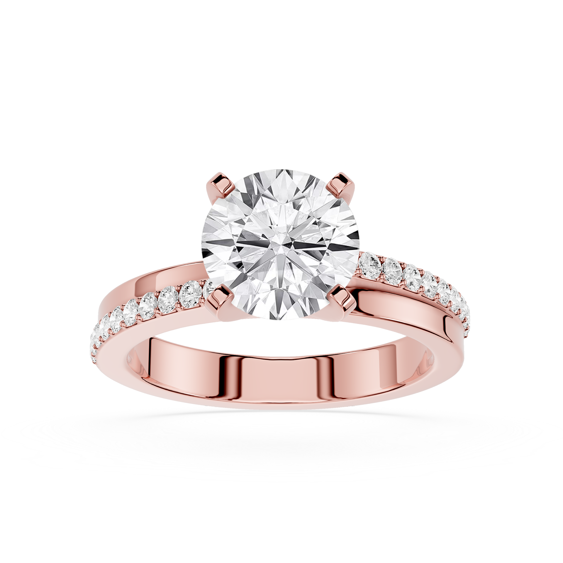 Rose gold ring with a large diamond and smaller diamonds on the band against a white background