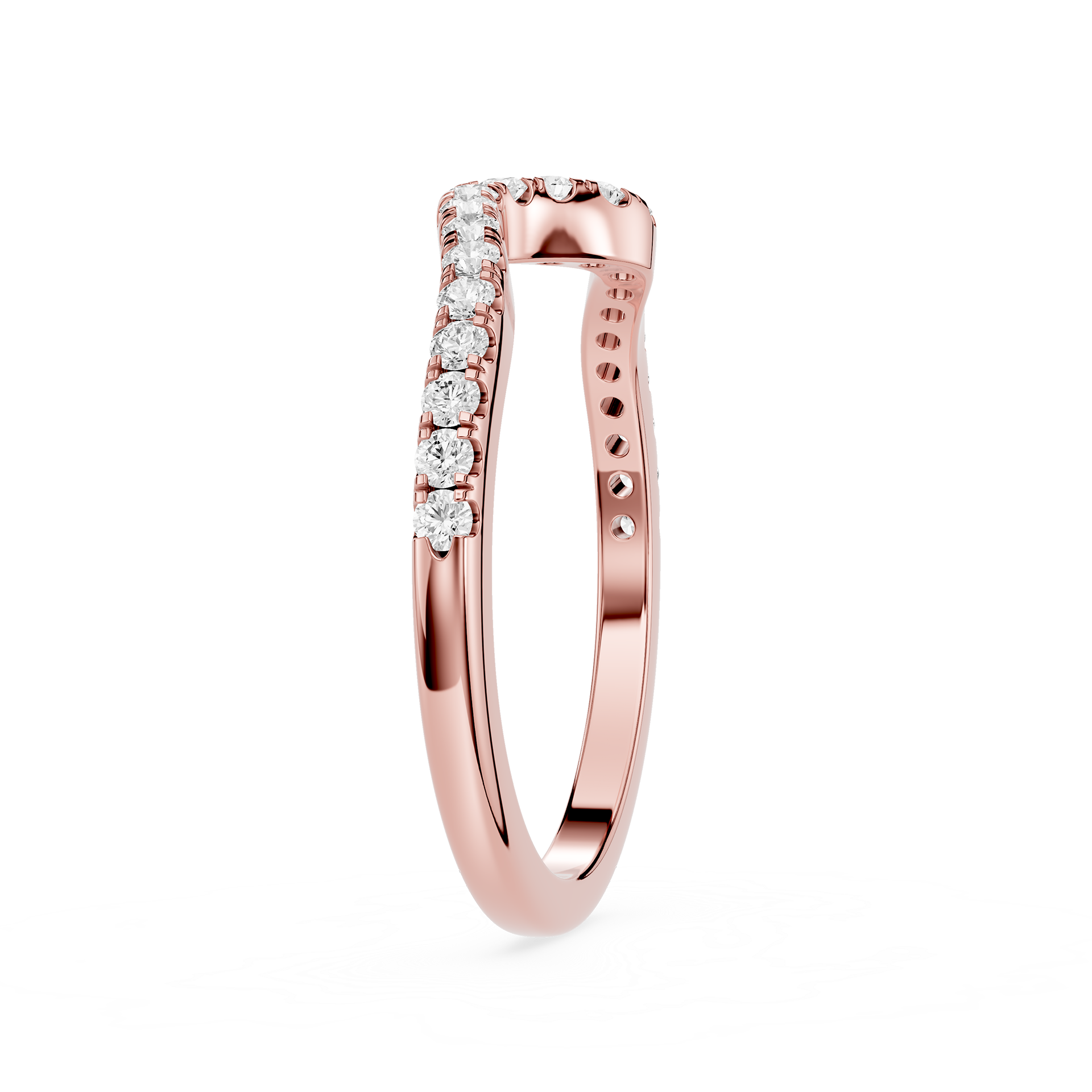 Rose gold ring with diamonds on a white background