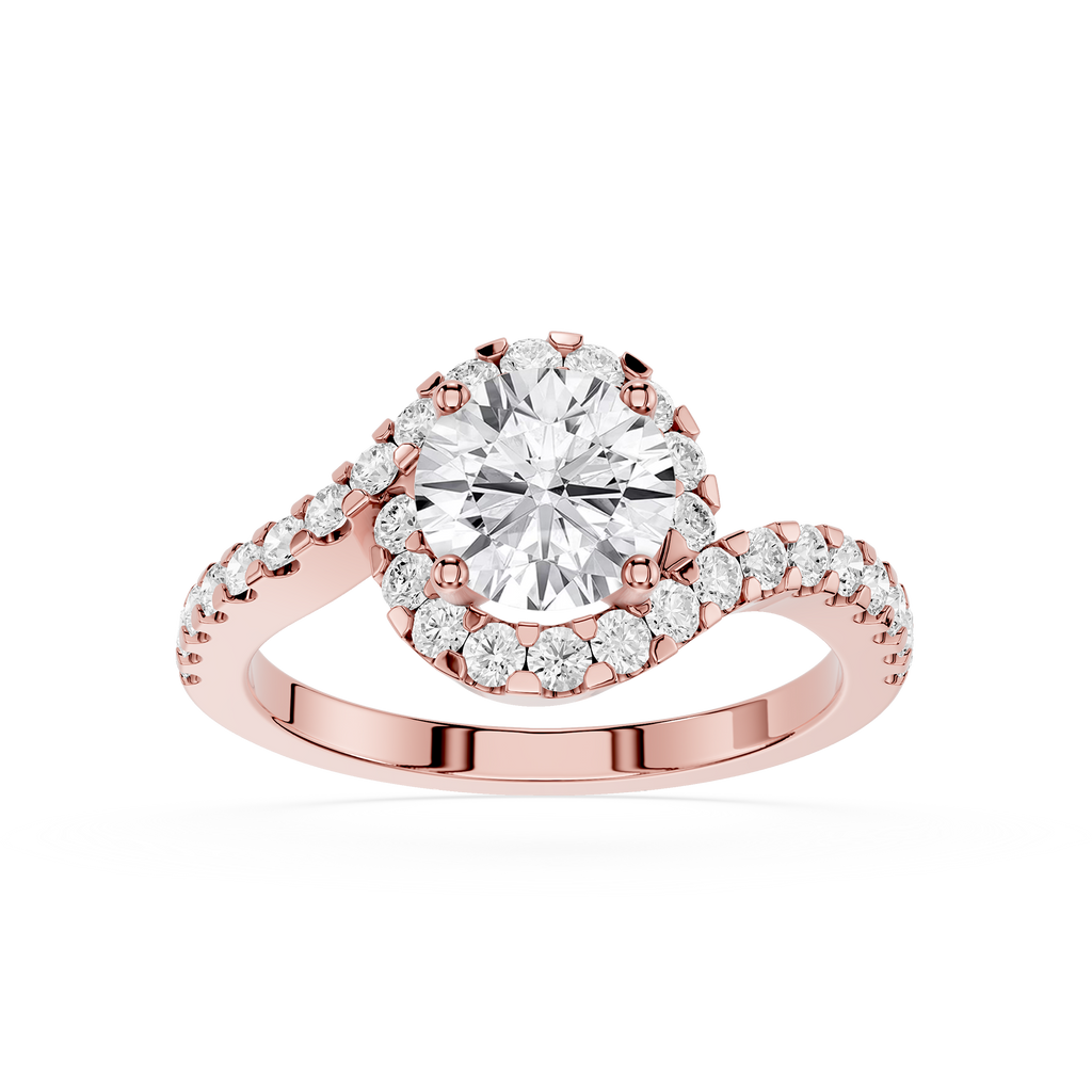 Rose gold ring with a large diamond and smaller diamonds on a white background
