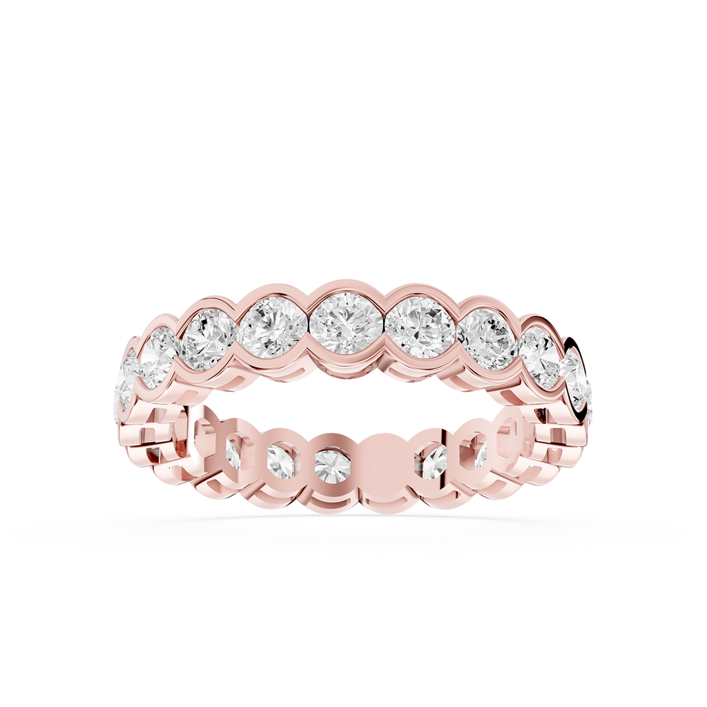 Rose gold round cut lab grown diamond eternity wedding band featuring scalloped bezel settings and a continuous diamond row