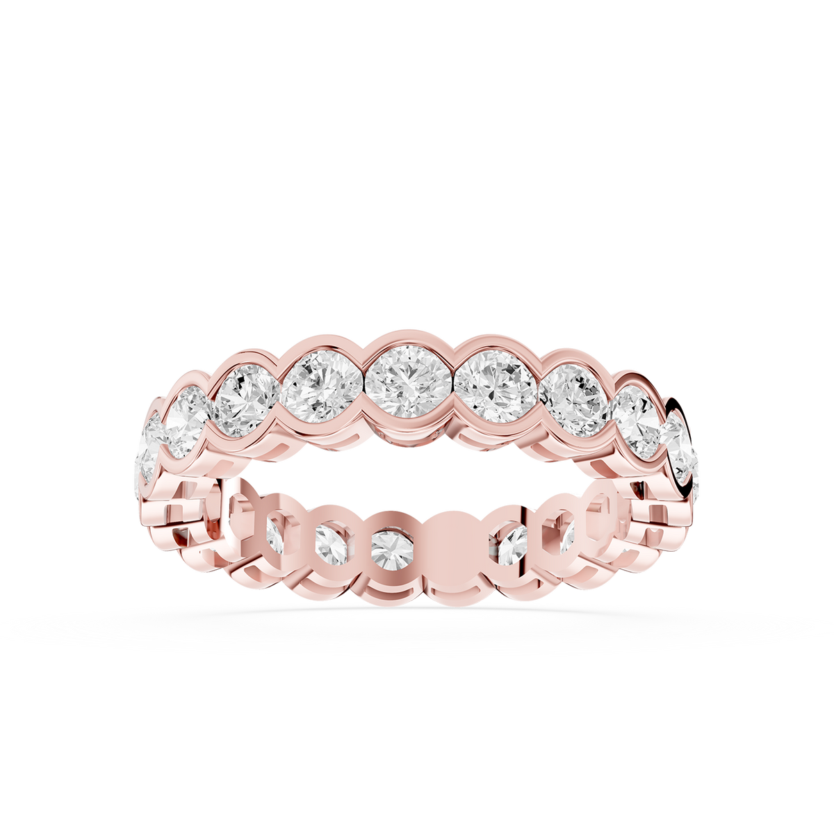 Rose gold round cut lab grown diamond eternity wedding band featuring scalloped bezel settings and a continuous diamond row