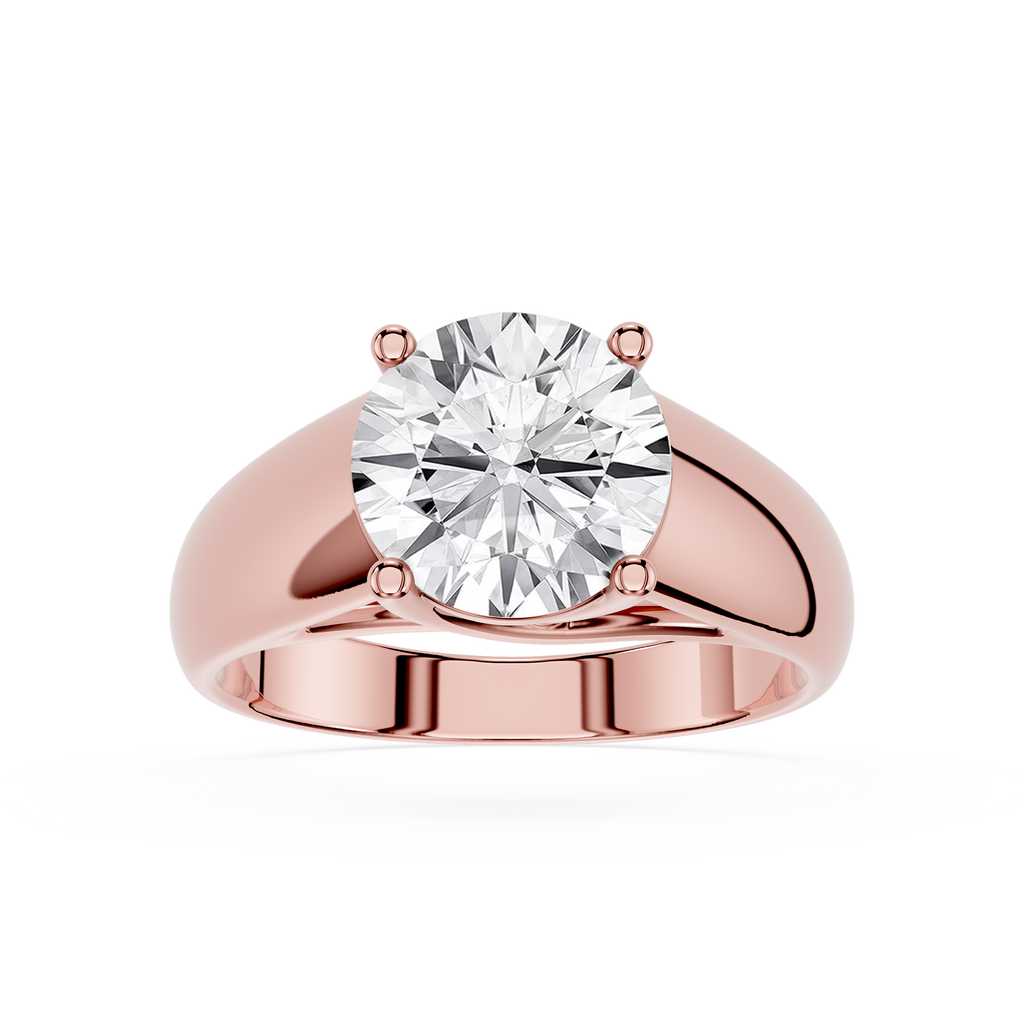 Rose gold ring with a large diamond on a white background