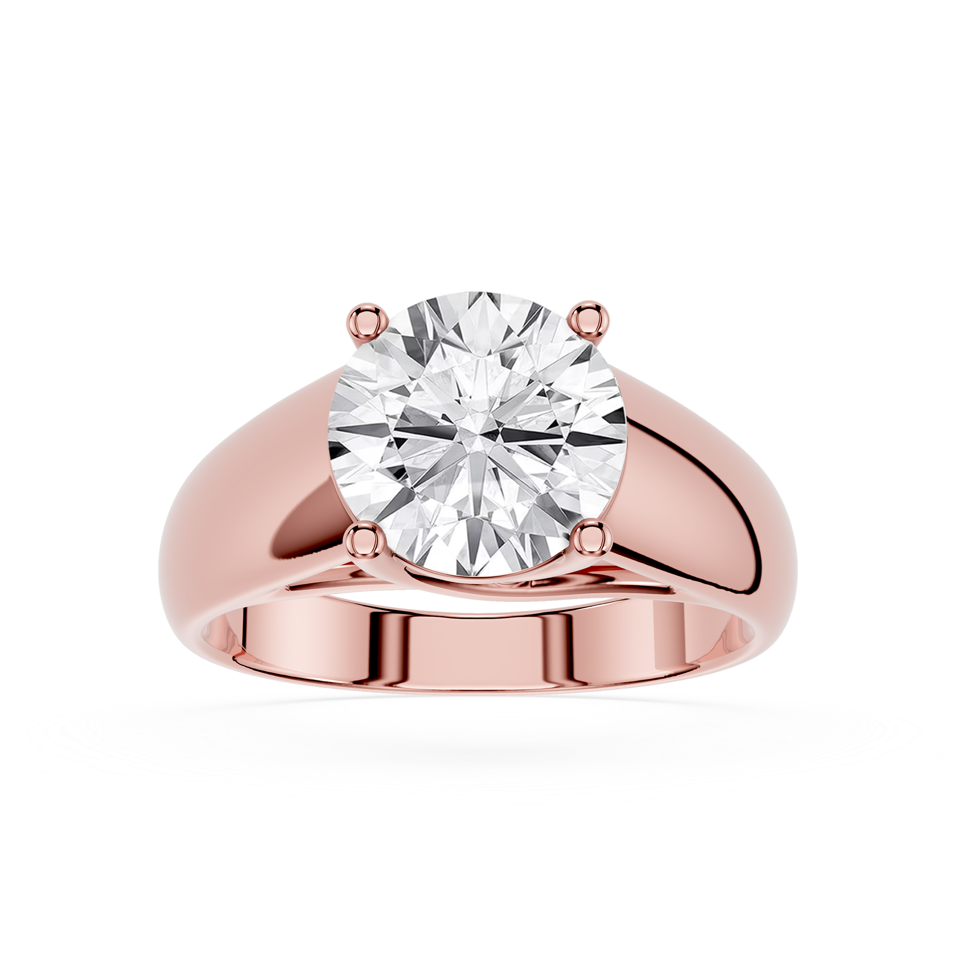 Rose gold ring with a large diamond on a white background