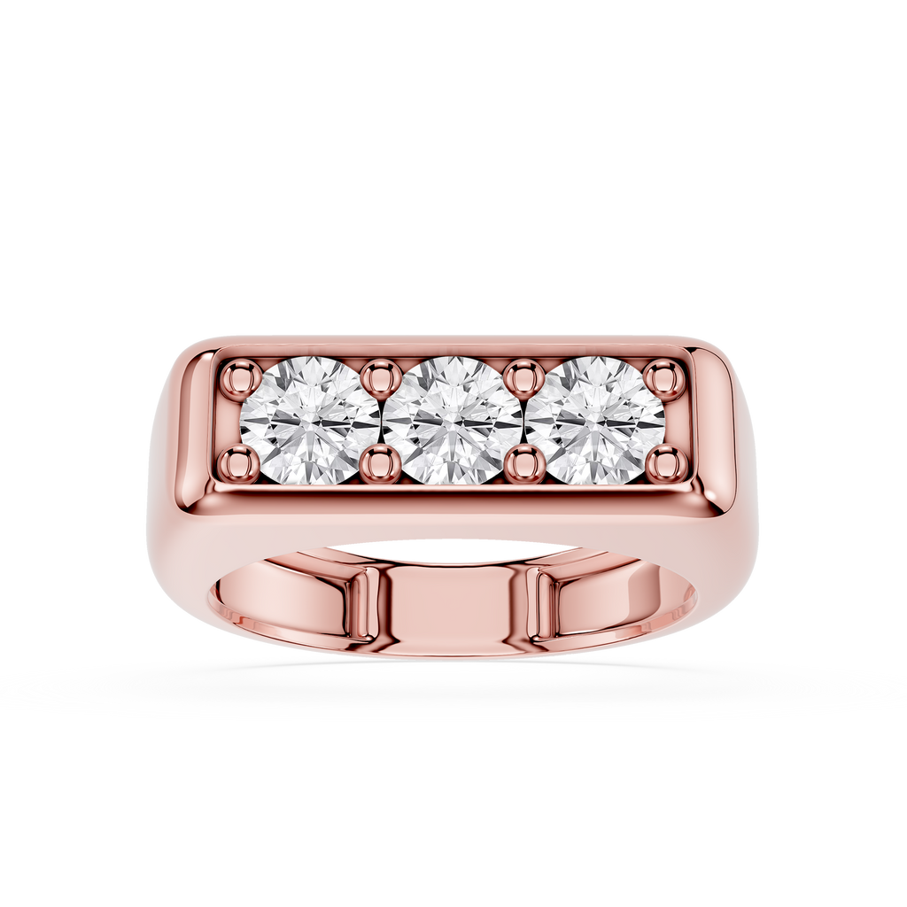 Rose gold ring with three clear gemstones on a white background