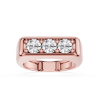 Rose gold ring with three clear gemstones on a white background