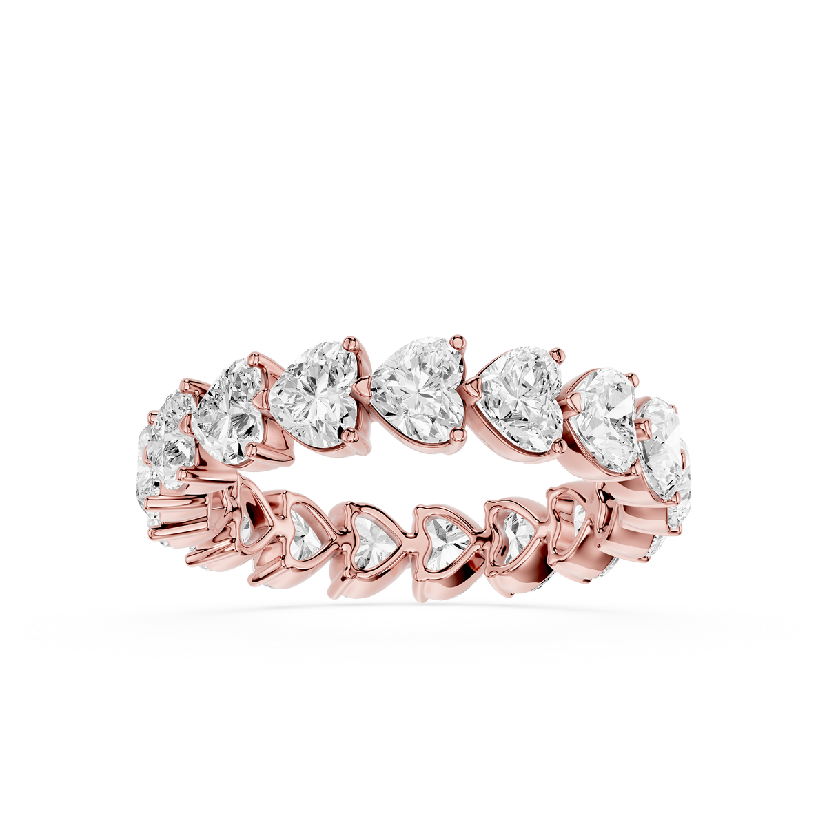 Heart Cut Lab Created Diamond Wedding Band in Rose Gold showcasing heart shaped diamonds throughout the entire eternity ring setting.