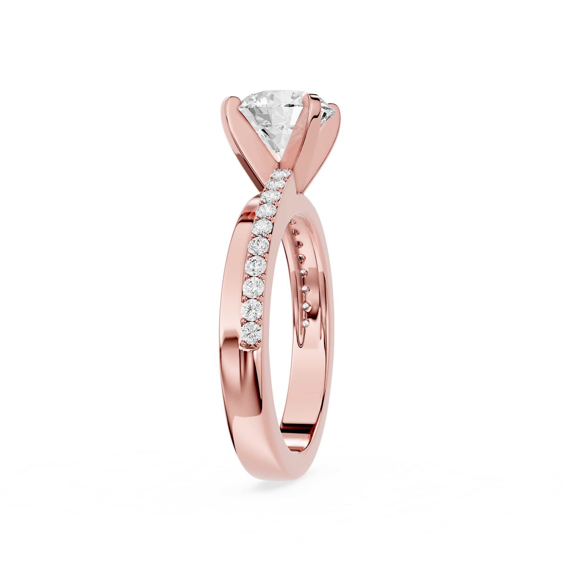 Rose gold ring with a diamond on a white background