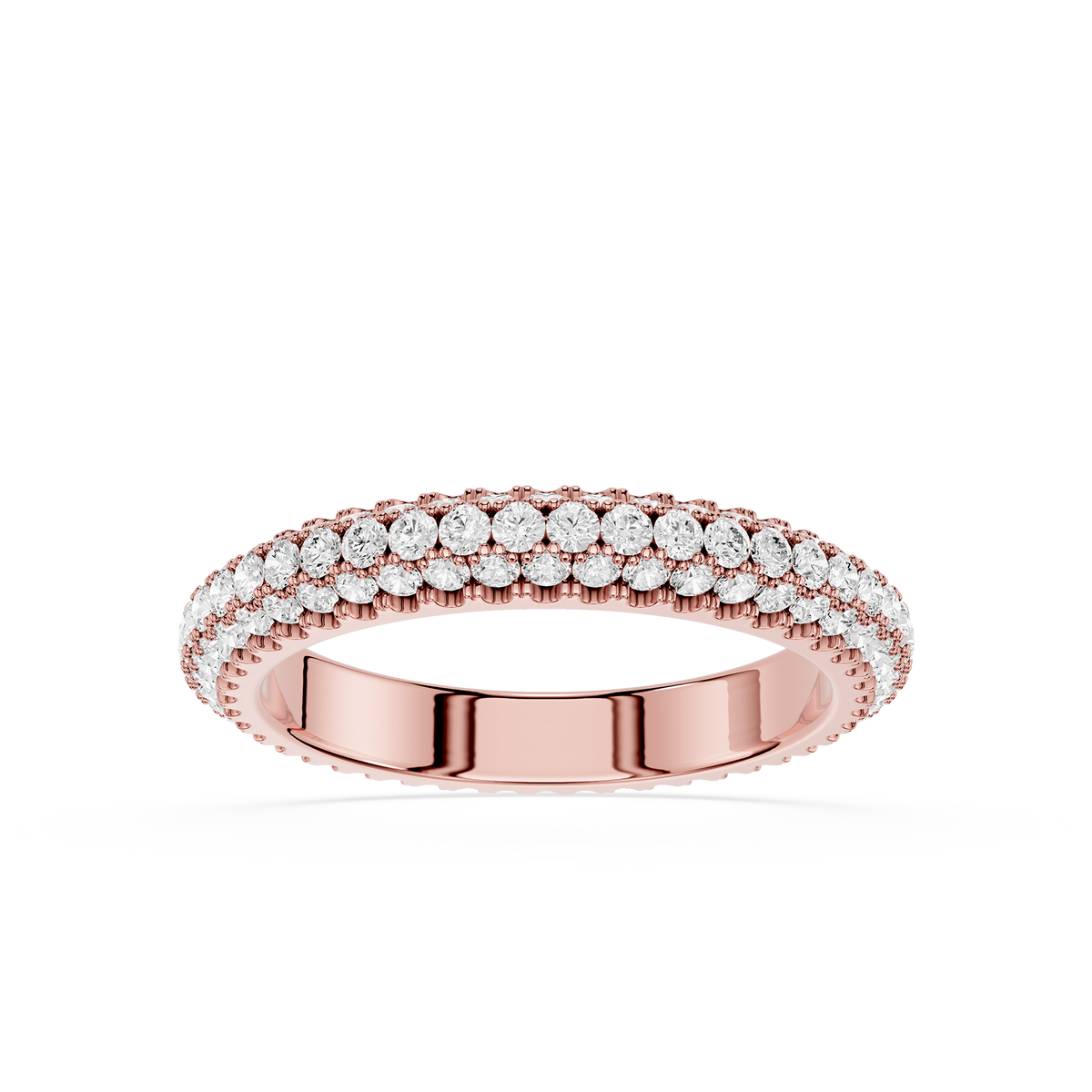 Triple Row Round Diamond Wedding Band in Rose Gold featuring brilliant lab grown diamonds and decorative milgrain borders. Perfect for bridal jewelry and anniversary ring collections.