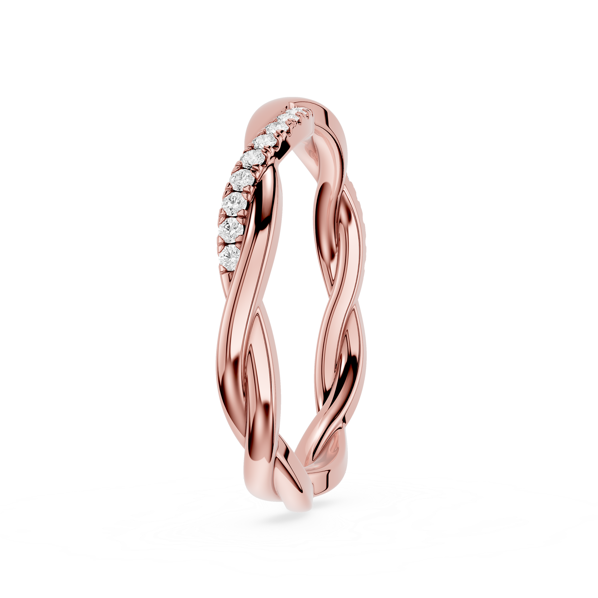 Rose gold ring with diamond accents on a white background